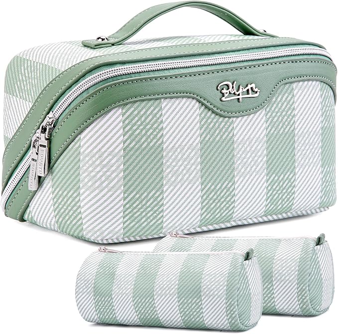BOYATU Travel Makeup Bag Organizer Cosmetic Bag: 3 Pcs Set Make up Bags for Women with Handle - Waterproof Vegan Leather Toiletry Bags Travel Essentials Pouch with Compartments (F-02-Green) by BOYATU