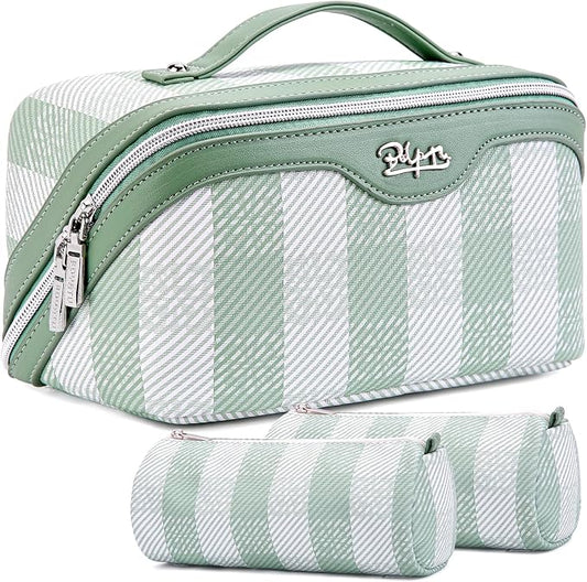 BOYATU Travel Makeup Bag Organizer Cosmetic Bag: 3 Pcs Set Make up Bags for Women with Handle - Waterproof Vegan Leather Toiletry Bags Travel Essentials Pouch with Compartments (F-02-Green) by BOYATU