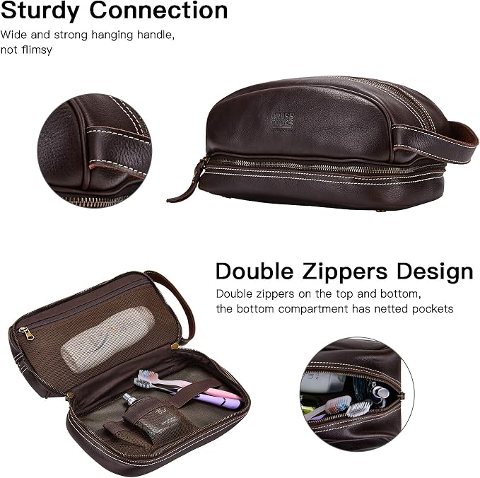 Travel Toiletry Organizer Dopp Kit Water-resistant Genuine Leather Shaving Bag for Toiletries Accessories For Men Women (Dark Brown) - Image 5