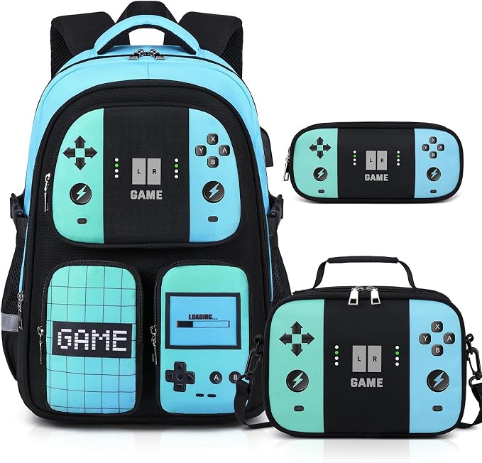 Gamer Backpack for Boys , 3PCS Boys Backpack with Lunch Box & Pencil Pouch, Waterproof School Bags for Boy Kids Children Teens, Elementary Middle School, Kids Book Bag Casual Daypack (Green Black) by Jafeton