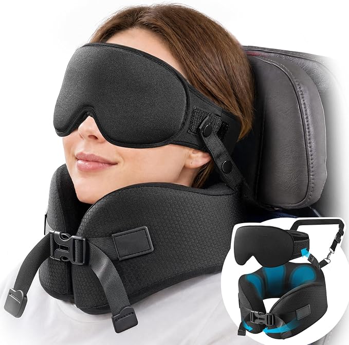 YFONG Travel Pillow for Long Flights, Patented 360° Ergonomic Sleeper Hold Head Support System with Memory Foam Neck Pillow & 3D Sleep Mask, Prevent Head Bobbing for Airplane & Road Trip, Black by YFONG