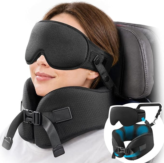 YFONG Travel Pillow for Long Flights, Patented 360° Ergonomic Sleeper Hold Head Support System with Memory Foam Neck Pillow & 3D Sleep Mask, Prevent Head Bobbing for Airplane & Road Trip, Black by YFONG