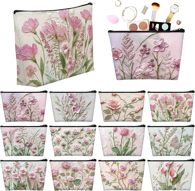 Sweetude 12 Pcs Pink Relief Flower Makeup Bags Bulk Pink Portable Travel Cosmetic Bags with Zipper Oil Painting Floral Waterproof Roomy Travel Toiletry Organizer Storage Beauty Pouch for Women Gifts by Sweetude