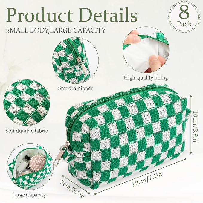 Gilprop 8 Pcs Checkered Makeup Bag for Purse Small Cosmetic Pouch Bulk Portable Zipper Makeup Pouch Travel Toiletry Organizer Gifts for Women Bridesmaid Wedding Party Favors (Dark Green) - Image 2