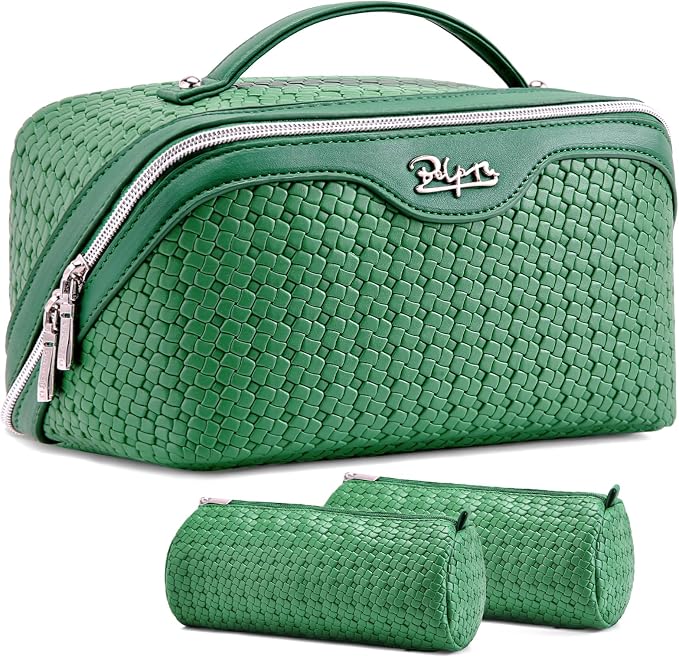BOYATU Travel Makeup Bag Cosmetic Bags for Women: Large Capacity 3 Pcs Set Make up Bag with Compartments - Waterproof Vegan Leather Toiletry Organizer Bags with Handle (L38 Green) by BOYATU