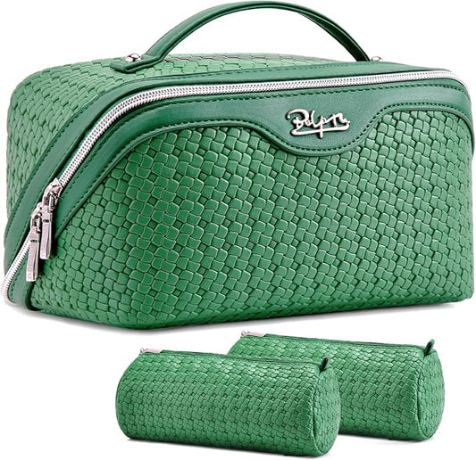 BOYATU Travel Makeup Bag Cosmetic Bags for Women: Large Capacity 3 Pcs Set Make up Bag with Compartments - Waterproof Vegan Leather Toiletry Organizer Bags with Handle (L38 Green) by BOYATU