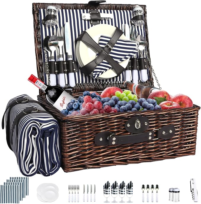 Picnic Basket Set for 4 with Waterproof Blanket Mat Insulation Bag Wicker Navy Blue Vintage Classic Gift for Christmas Thanksgiving Wedding Birthday Camp Outdoor Beach Travel by YPshuye