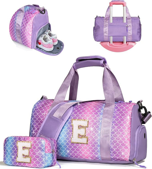 Stuff for Girls-Birthday Gifts for 4 5 6 7 8 9 10 11 12 13 Year Old Girls-Girl Gym Bag with Shoe Compartment, Dance Bags with Makeup Pouch, Preppy Things for Grandkids (Letter E) by Vogewood