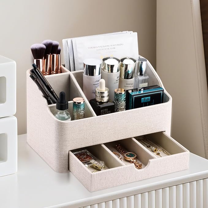 KINGFOM Leather Makeup Organizer with Drawer, Cosmetic Storage for Dresser Countertop and Bathroom Vanity, Beauty Holder for Lipstick Brush Skincare (Beige) - Image 6