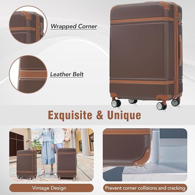 Merax Luggage Set, 3 Piece Luggage with Cosmetic Case, Vintage Hardcase Suitcase with Wheels, Expandable Luggage Airline Approved(Brown,20"+24"+28") - Image 4