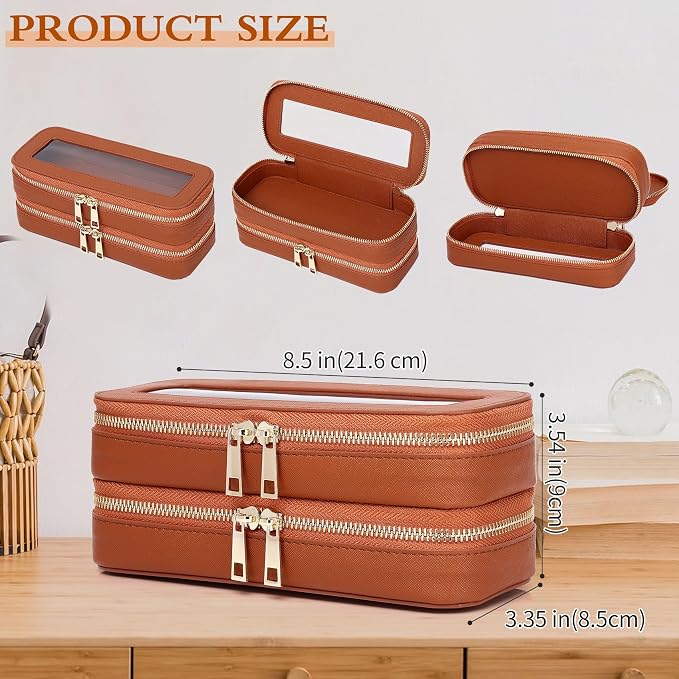 Double Layer Makeup Bag Makeup Brush Case Waterproof Travel Cosmetic & Toiletry Bag Purse Organizer and Car Essentials for Women (Brown, 2-Layer SLIM) - Image 4
