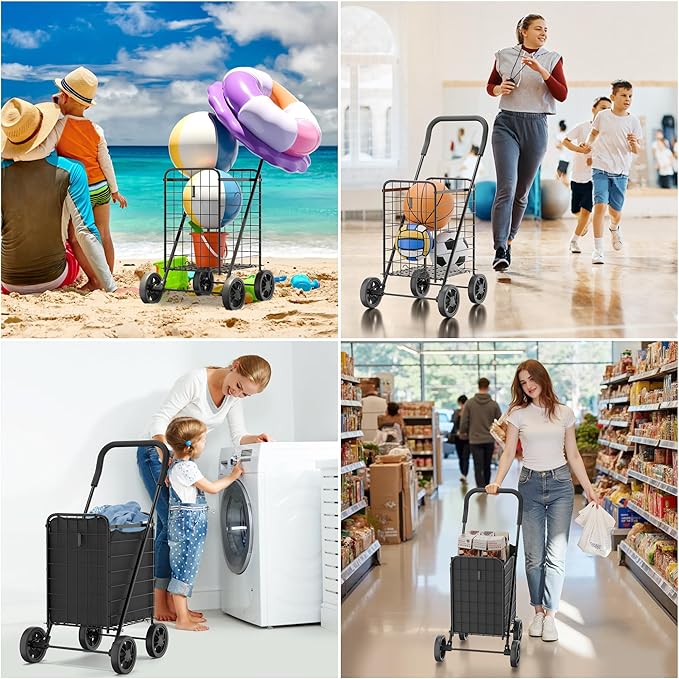 Whitmor Foldable Utility Shopping Cart with Wheels, 60Lb Capacity, Heavy Duty Grocery Cart with Steel Frame, Foam Handle, Rolling Utility Cart for Grocery, Laundry, Travel, Black/w Liner - Image 6