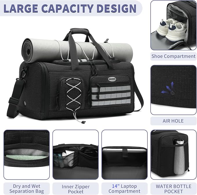 Bosstin Gym Bag for Men & Women,45L Travel Duffle Sports Duffel Bag Gym Weekender Overnight Backpack with Shoe Compartment (BLACK CHECKERED) - Image 3