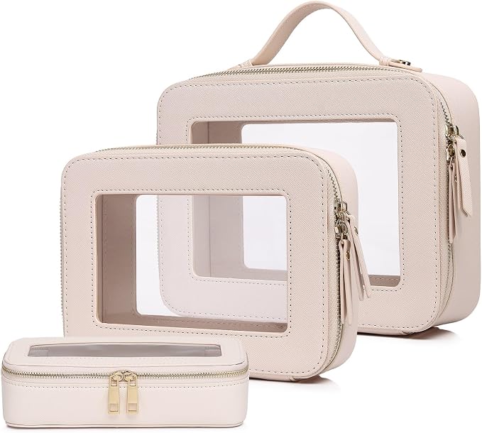Pinkmik Clear Makeup Bag with Brush Bag 3pcs Waterproof Travel Case for Cosmetics and Toiletries Women's Makeup Organizer with Zipper (Beige, L+M+SLIM) by Pinkmik