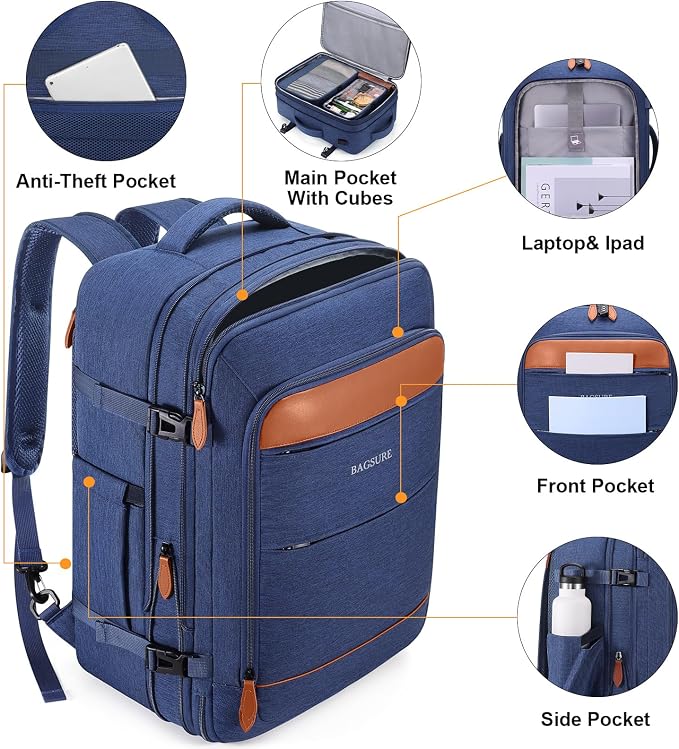 Bagsure Travel Backpack Carry On Backpack 42L Flight Approved, Expandable Laptop Backpack with Packing Cubes & Shoe Pocket, Water Resistant Luggage Backpack for Men Women, Large Backpack 20 * 14 * 7" - Image 5