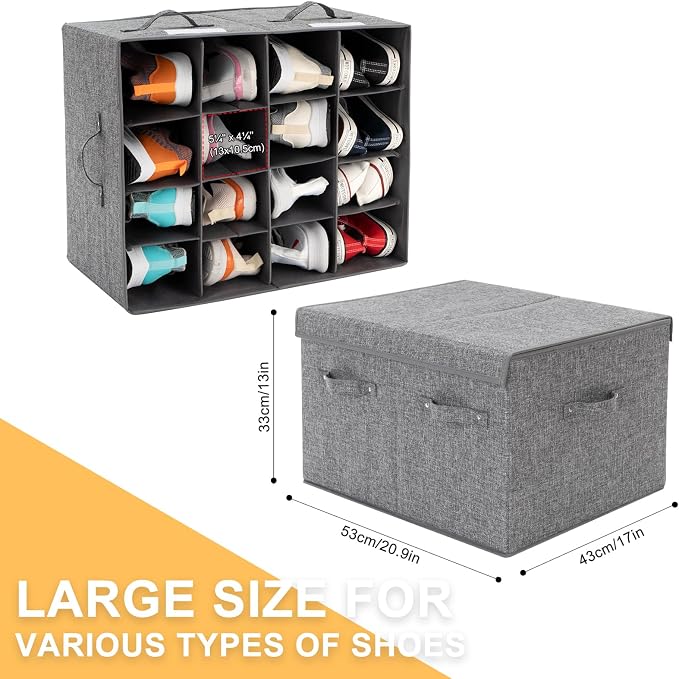 2 Pack Shoe Storage Box Fits 32 Pairs, Large Shoe Organizer with Lid and Adjustable Dividers for Closet, Shoes, Sneakers and High Heeled, Foldable and Stackable (Grey) - Image 4