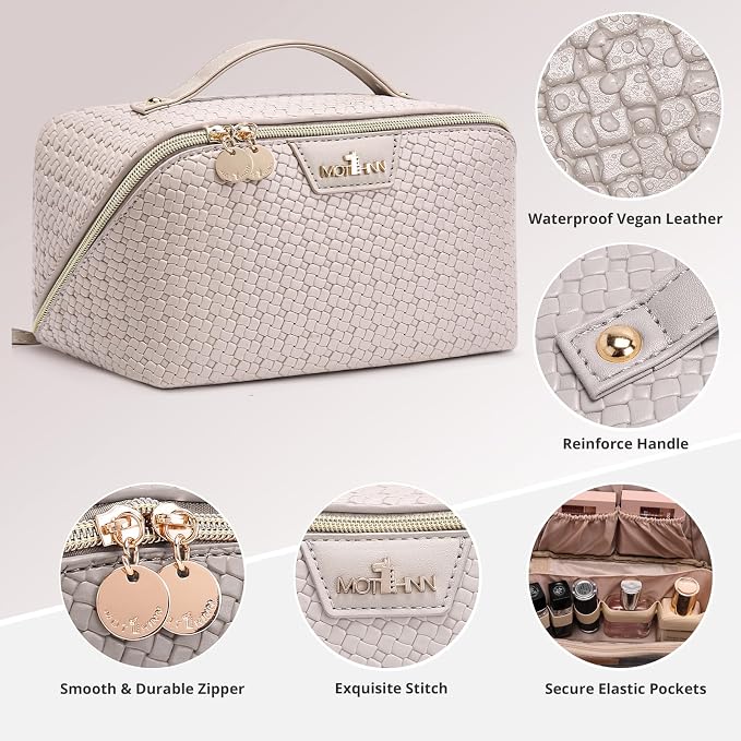 Travel Makeup Bag for Women: Designer 3 Pcs Set Cosmetic Bags for Women - Large Capacity Vagen Leather Hand-made for Toiletry Organizer - Ladies Travel Flat Open Essentials for Luxury (05White) - Image 4