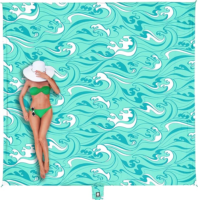 WEKAPO Beach Blanket Waterproof Sandproof Oversized Extra Large Sand Free Beach Mat with Stakes, Storage Bag - Essentials for Outdoor Beach, Picnic (Turquoise Ocean Waves, 11 X 9 FT (1~10 Person)) by Wekapo