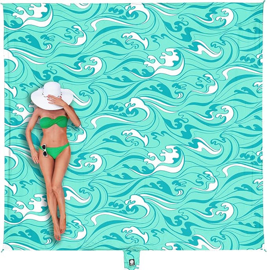WEKAPO Beach Blanket Waterproof Sandproof Oversized Extra Large Sand Free Beach Mat with Stakes, Storage Bag - Essentials for Outdoor Beach, Picnic (Turquoise Ocean Waves, 8 X 7 FT (1~4 Person)) by Wekapo
