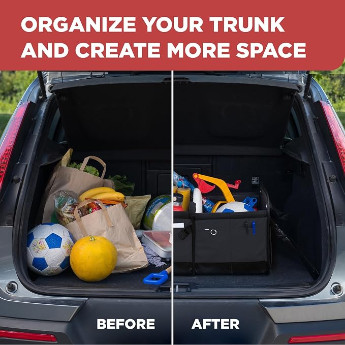 Car Trunk Organizer for SUV & Truck Cargo Storage, Large, Black | Fits Cars, SUVs & Trucks 4 Adjustable Compartments Non-Slip Base & Straps Foldable 11 Pockets Car Accessories - Image 8