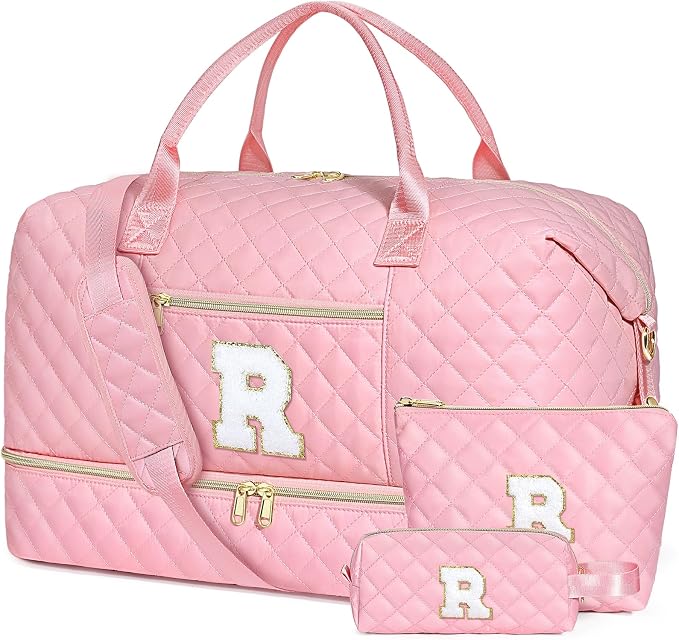 Graduation Birthday Gift for Her, Personalized Initial Weekender Bag for Women 45L Travel Duffle Carry On Quilted, 3PCS Overnight with Cosmetic & Toiletry Bag, Shoe Compartment, Gym Dance Bag for Girl by ITIEZY