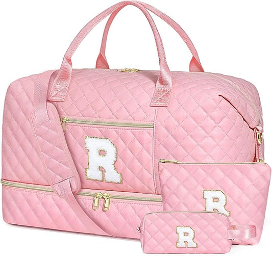 Graduation Birthday Gift for Her, Personalized Initial Weekender Bag for Women 45L Travel Duffle Carry On Quilted, 3PCS Overnight with Cosmetic & Toiletry Bag, Shoe Compartment, Gym Dance Bag for Girl by ITIEZY