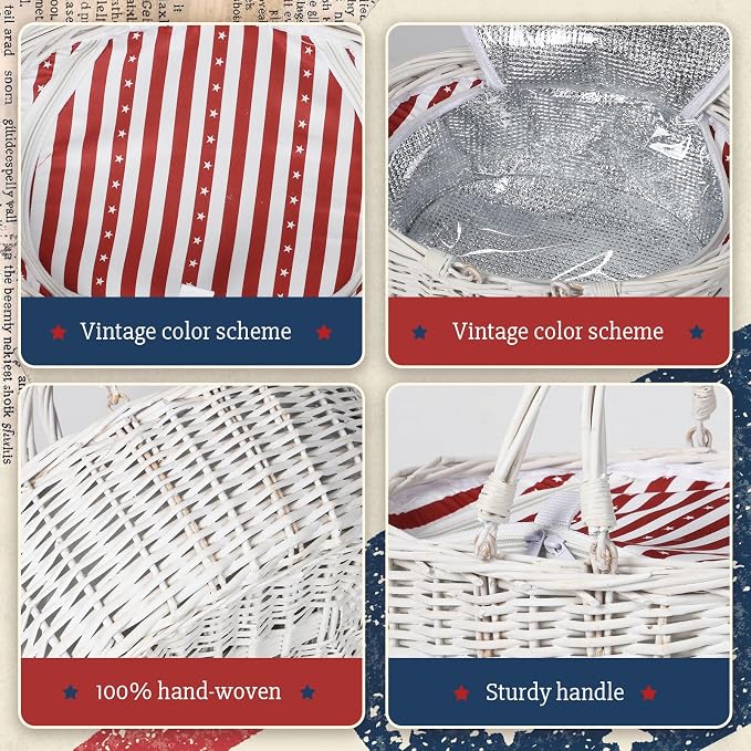 Wicker Picnic Basket with Insulated Lined Bag 15“ x 11” x 7“ Red, White Star Stripe Pattern, Iced Beer Insulated Bag for Camping, Picnics, Birthday Gifts, Wedding Gifts - Image 6