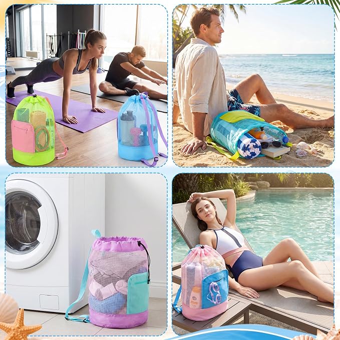 Kinlop 6 Pcs Mesh Beach Bags Mesh Drawstring Backpack Portable Foldable Bath Organizer for Camping Swimming Pool Gym Travel Bathroom, 6 Colors - Image 7