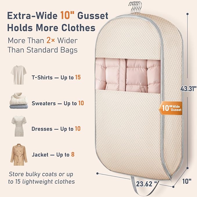 DIMJ Garment Bags for Hanging Clothes 10" Gusseted, Space Saving Compression Suit Bag Travel with Handles Window, Washable Carry Clothing Storage Cover for Dress, Coats, Jacket, Shirts,43" 2 Pack - Image 3