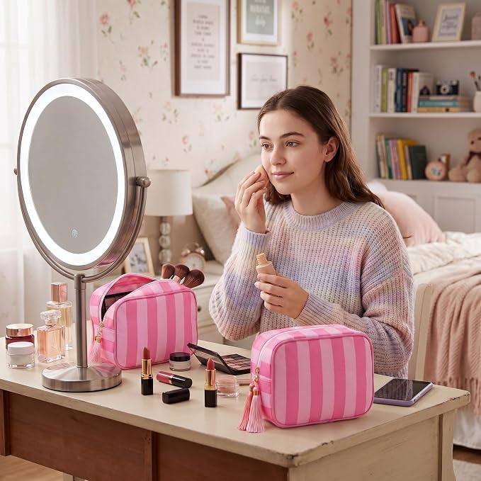 Kacctyen 6 Pack Bright Pink and Candy Pink Striped Makeup Bag bulk with Tassel Travel Cosmetic Pouch Organizer Large Zipper Toiletry Case for Women Aesthetic Storage Pouch Mahjong Tile Bag - Image 6