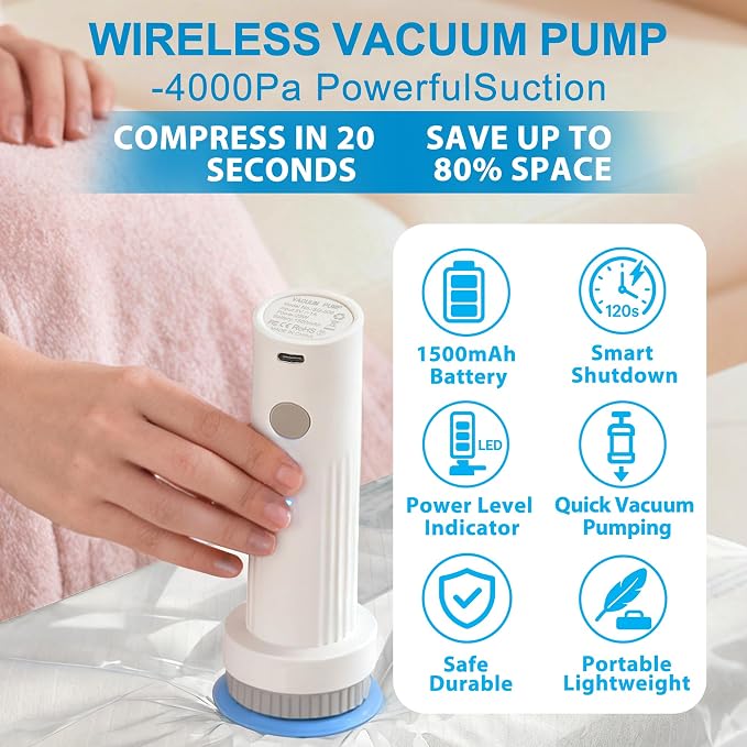 ANBIUX Vacuum Bags for Travel with Rechargeable air Pump, 16 Pack Carry-on Size Compression Packing Bags for Luggage and Suitcase, Space Saver for Clothes and Clothing Travel 16 PACK+PUMP - Image 4