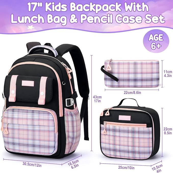 Fimibuke Girls Backpack - 3 PCS Waterproof Teens Girls Backpack Set with Lunch Box, Pencil Pouch, Cute Kids Bookbag for Elementary to High School Students Age 6+ (Black & Pink) - Image 2