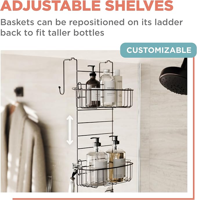 Zenna Home Shower Caddy Hanging Over the Shower Door Organizer, Stainless Steel Rack with 2 Shelves and Built in Hooks, Bathroom Organizer Shelf for Inside Shower, Heritage Bronze - Image 4