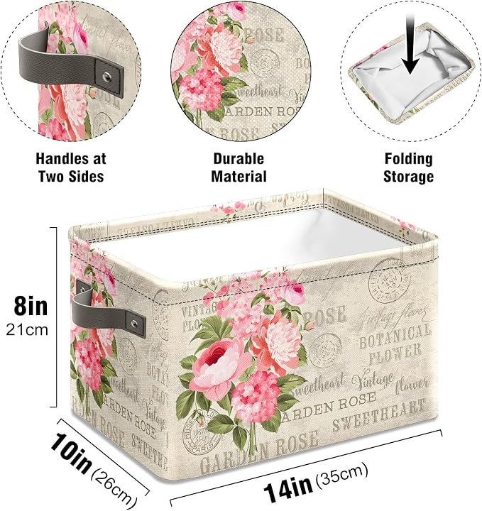 Vintage Rose Floral Foldable Baskets Storage Bins with Handles, Decorative Cloth Organizer Storage Boxes 2 sets - Image 6