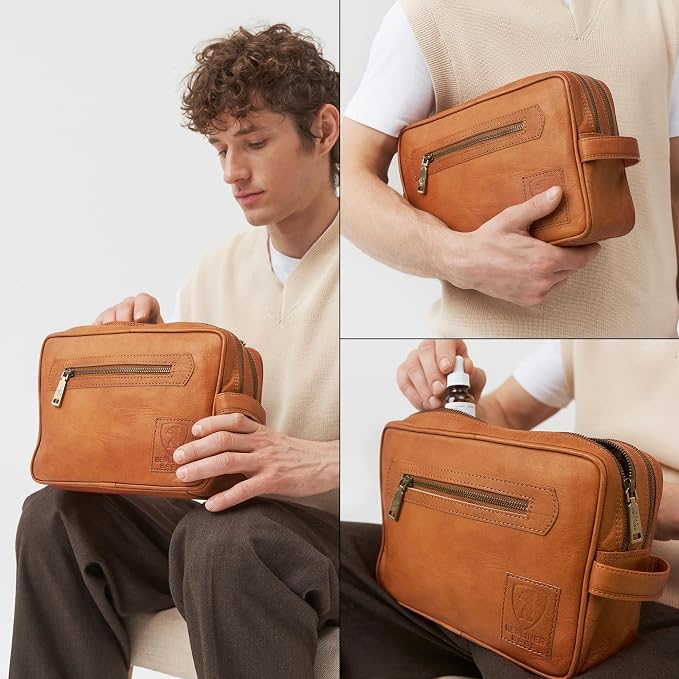 BERLINER BAGS Vintage Genuine Leather Toiletry Bag Paul for Travel, Two Zippered Compartments, Large Capacity Cosmetics Bag for Men and Women, Gift for Dad - Brown - Image 7
