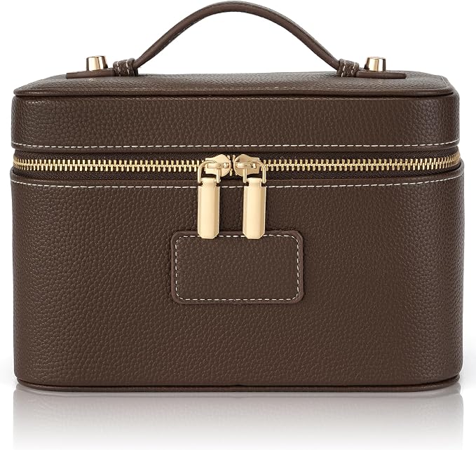 Makeup Bag Travel Toiletry Leather Cosmetic Case, Waterproof Makeup Organizer with Brush Holder, Wipe Clean Removable Divider Vanity Train Bag for Women, Coffe by Unknown