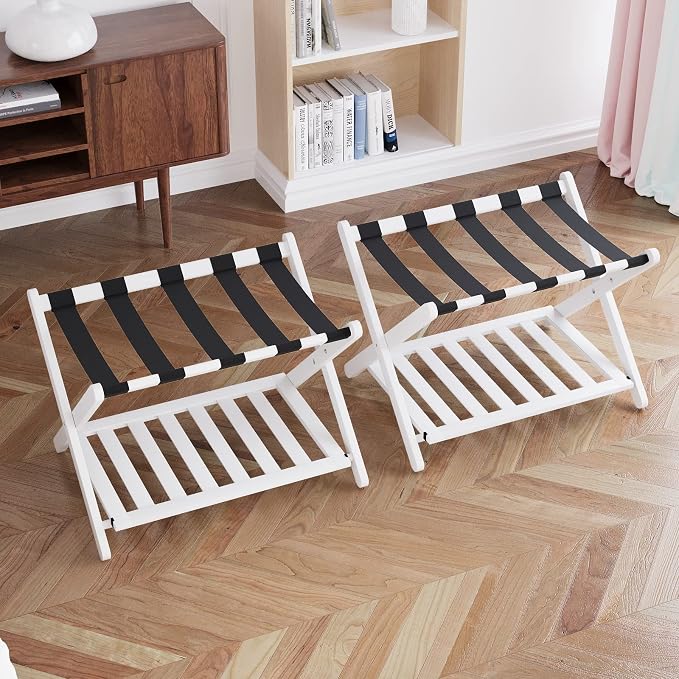 Smuxee Fully Assembled White Luggage Rack Pack of 2, Bamboo Foldable Suitcase Stand with 5 Nylon Straps, Luggage Holder with Shelf for Guest Room Bedroom Hotel - Image 8