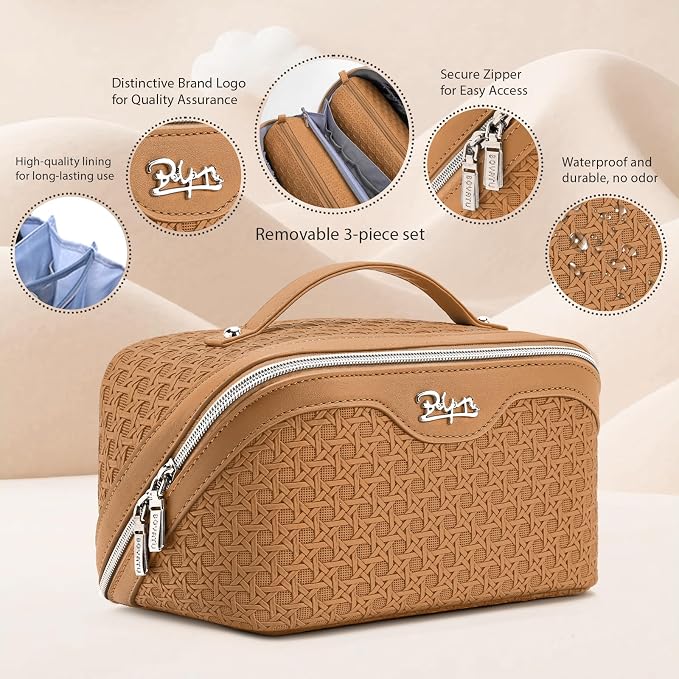 BOYATU Travel Makeup Bag Cosmetic Bags for Women: Large Capacity 3 Pcs Set Make up Bag with Compartments - Waterproof Vegan Leather Toiletry Organizer Bags with Handle (M-74Yellow Brown) - Image 3