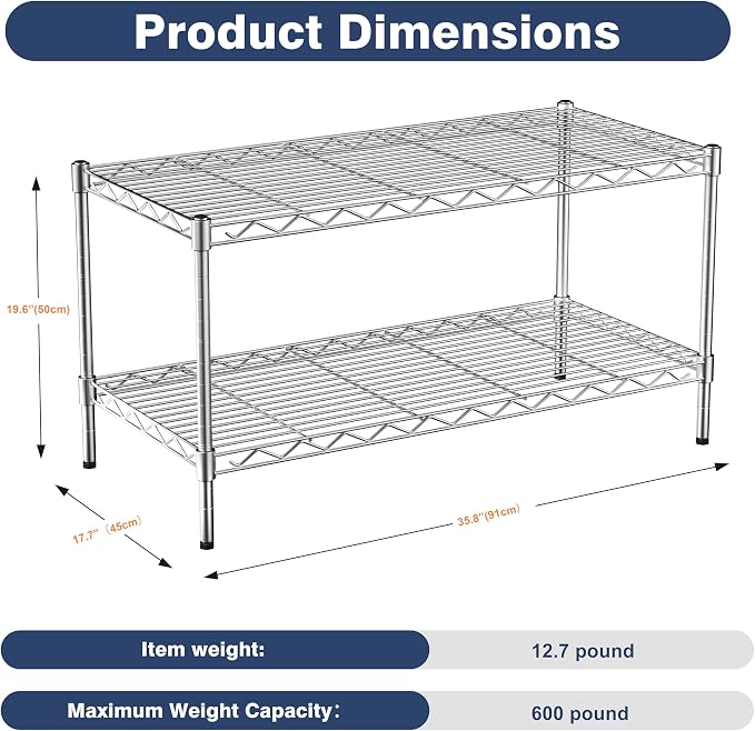 2-Tier Heavy Duty Shelving Unit,36" Wx18 Dx19.5H,Wire Shelf Rack with Lockable Wheels,Height Adjustable Metal Storage Shelves Organizer for Living Room,Garage,Kitchen,Office,Laundry,Pantry - Image 3