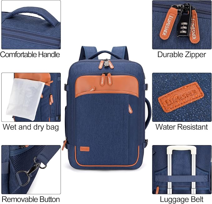 Lumesner 40L Expandable Carry On Travel Backpack with 4 Packing Cubes | Flight Approved, Fits 17 inch Laptop, Water-resistant, Suitcase Backpack, Business Weekender Luggage, Gift for Men & Women - Image 7