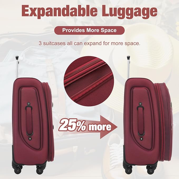 Merax Softside Luggage Set Softshell Lightweight 3 Piece Spinner Suitcase | Travel Suitase with TSA Lock Spinner Wheels Lightweight Upright Luggage,Red - Image 4