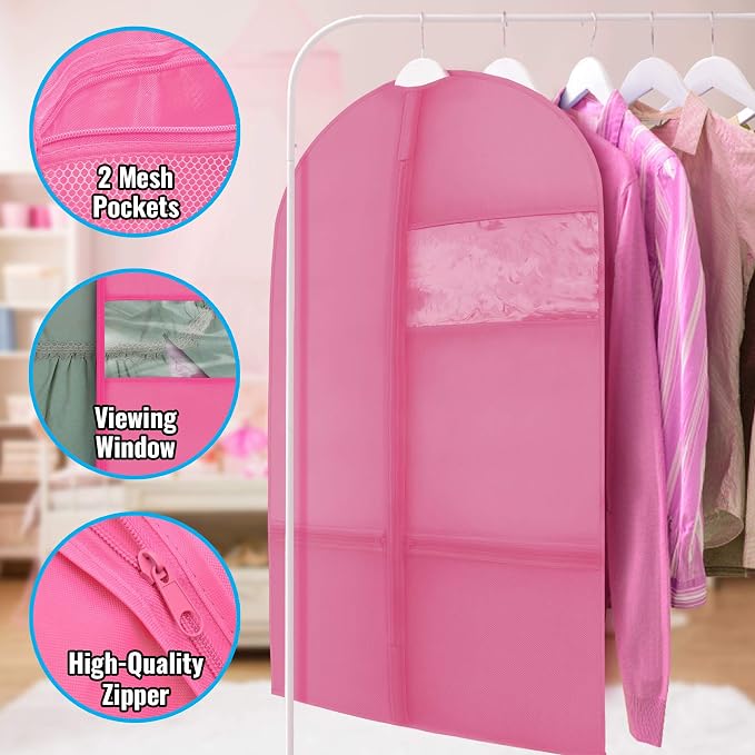 Plixio 36" Kids Garment Bags for Dance Costumes, Childrens Hanging Clothes, Uniform, Suits, Girls Dress Recital Outfit Organizer Dance Garment Bags For Dancers with Zippered Pockets (6 Pack :36",Pink) - Image 2