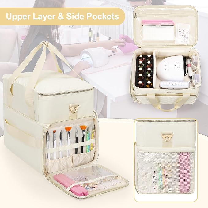 Relavel Nail Polish Organizer, Nail Bag Holds 80 to 100+ Bottles (15ml/0.5fl.oz) Nail Lamp, Nail Supplies Kit Gels Polish Storage Case with 2 Removable Pouches for Manicure Nail Tech Gifts (Beige) - Image 4