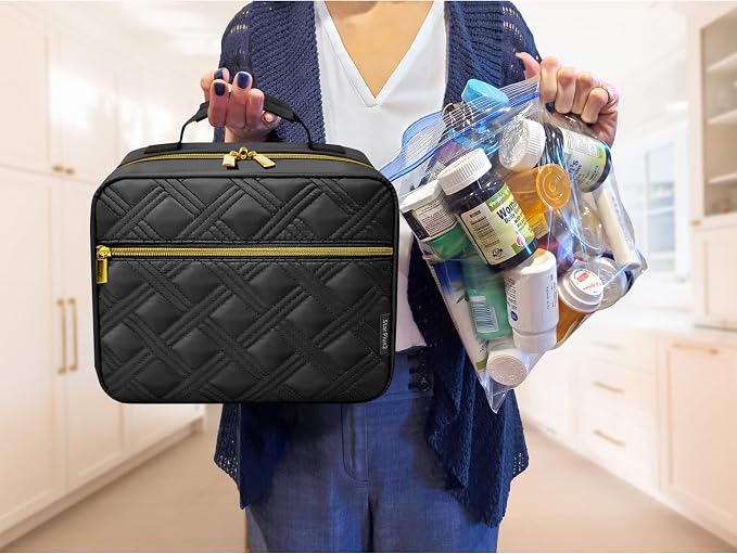 Large Quilted Pill Bottle Organizer & Travel Medicine Bag, Black | Prescription bottle organizer with 10 individual bottle pockets and padded storage for medications, supplements, vitamins - Image 5