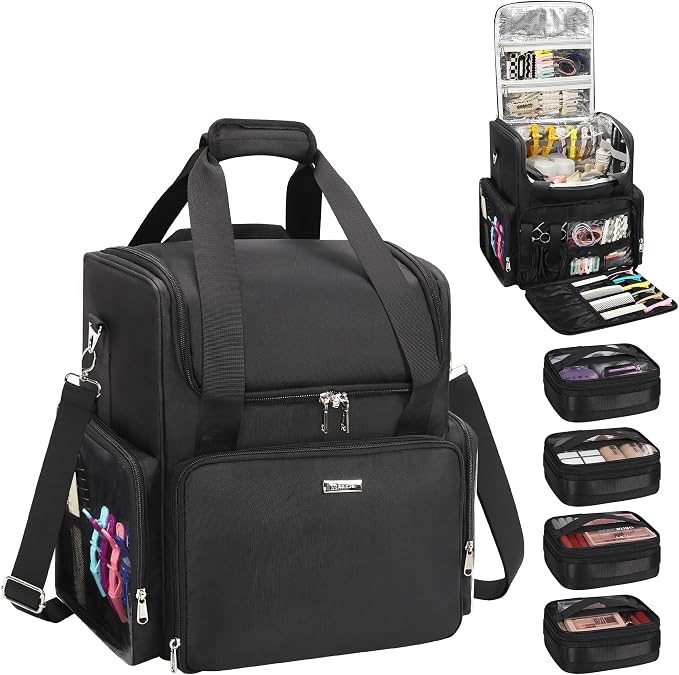 Relavel Hair Tools Travel Bag Hairstylist Traveling Bag, Cosmetic Case with 4 Clear Pouches, Portable Hairstylist Storage Organizer Case for Hair Stylist Essentials, with Adjustable Dividers by Relavel