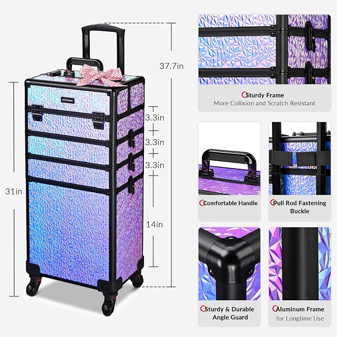 BYOOTIQUE Rolling Makeup Case 4in1 Cosmetology case on wheels Makeup Artist | Aluminum Rolling Makeup Suitcase 360° Detachable Wheel Lockable 54Lb Large Capacity Organizer Nail Tech Mermaid Purple - Image 4