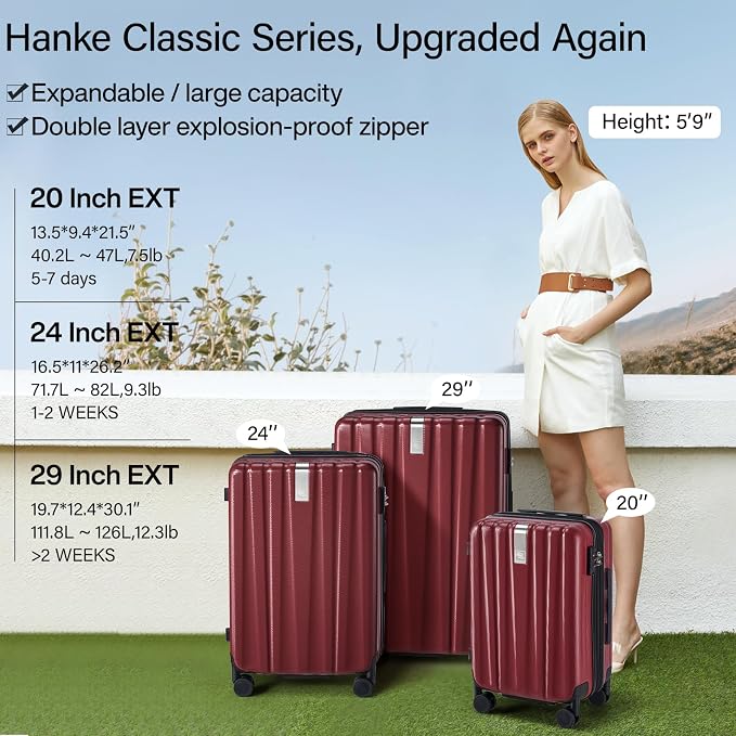 Hanke 20 Inch Expandable Carry on Luggage 22x14x9 Airline Approved Lightweight PC Hard Shell Suitcases with Wheels Tsa Luggage Rolling Suitcase Travel Luggage Bag for Weekender(Burgundy) - Image 2