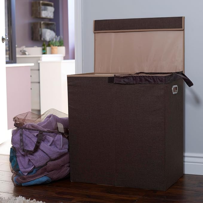 Household Essentials Collapsible Double Laundry Hamper with Lid, Two Compartments and Removable Liner Bags, Brown Finish - Image 2