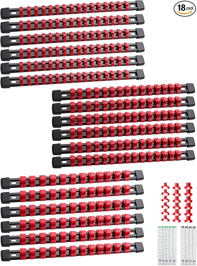 ALOANES 18PC Socket Organizer, Socket Rails Fit 1/2", 1/4" and 3/8" Drive | Heavy Duty ABS Socket Holders Hold up 258 Sockets for Mechanics Toolbox Drawer Bags(Red) by Aloanes