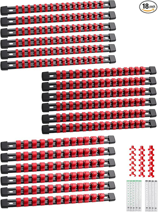 ALOANES 18PC Socket Organizer, Socket Rails Fit 1/2", 1/4" and 3/8" Drive | Heavy Duty ABS Socket Holders Hold up 258 Sockets for Mechanics Toolbox Drawer Bags(Red) by Aloanes